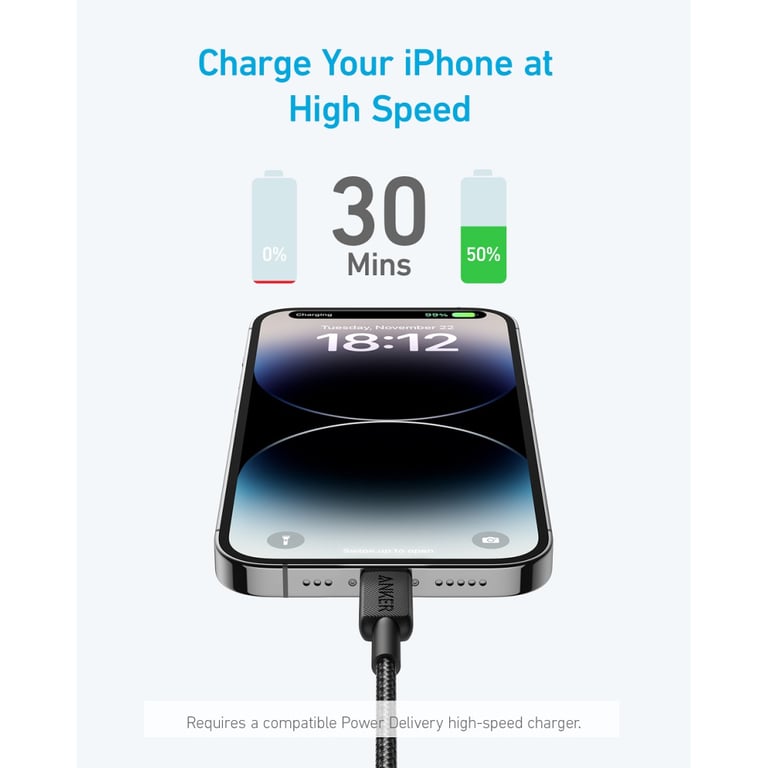 Дата кабель USB-C to Lightning 1.8m nylon 322 black Anker (A81B6G11) - фото 2