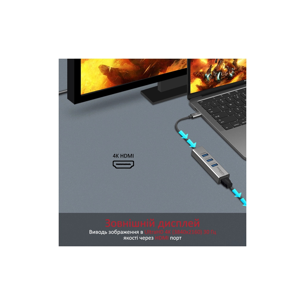 Концентратор Promate USB-C 4-in-1 порти Promate mediahub-c3.grey (mediahub-c3.grey) - фото 2 Концентратор Promate USB-C 4-in-1 порти Promate mediahub-c3.grey (mediahub-c3.grey) - фото 2