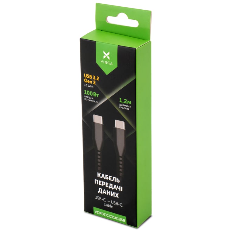 Дата кабель USB-C to USB-C 1.2m UBS3.2 Gen2 10G 100W Chip Silicon Black Vinga (VCPDCCC31012SB) - фото 5