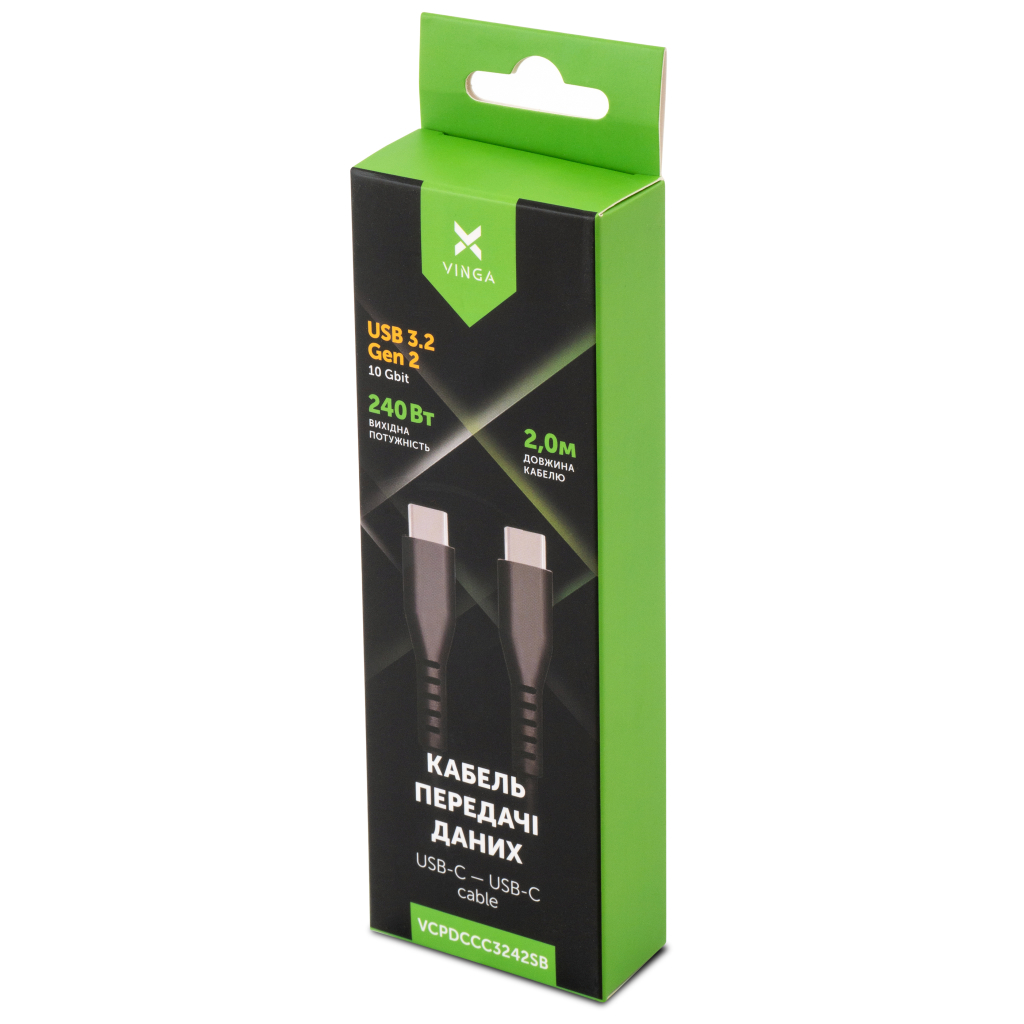 Дата кабель USB-C to USB-C 2.0m UBS3.2 Gen2 10G 240W Chip Silicon Black Vinga (VCPDCCC3242SB) - фото 5 Дата кабель USB-C to USB-C 2.0m UBS3.2 Gen2 10G 240W Chip Silicon Black Vinga (VCPDCCC3242SB) - фото 5