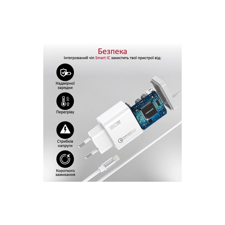 Зарядний пристрій Promate 20W PD Lightning + USB QC3.0 (icharge-pdqc3.white) - фото 4