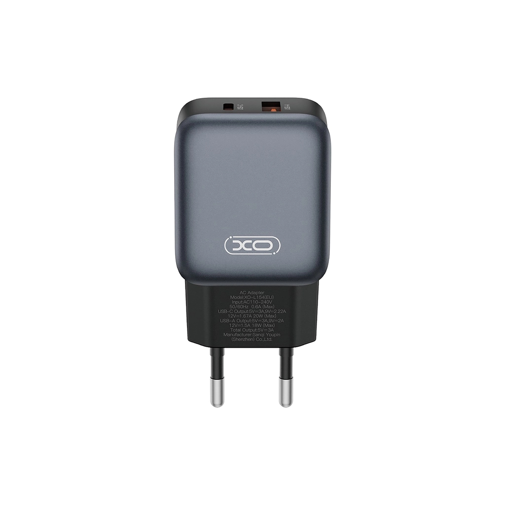 Зарядний пристрій XO L154 USB-C PD20W + USB-A QC3.0 Black (L154.black) - фото 1