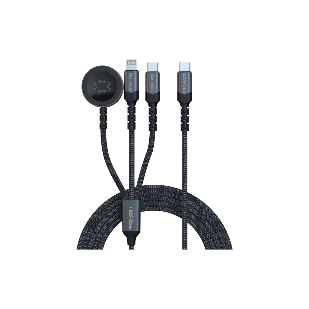 Дата кабель USB-C to Lightning 27W + USB-C 60W + Apple Watch 2.5W 1.5m icharge trio black Promate (icharge-trio.black) Дата кабель USB-C to Lightning 27W + USB-C 60W + Apple Watch 2.5W 1.5m icharge trio black Promate (icharge-trio.black)
