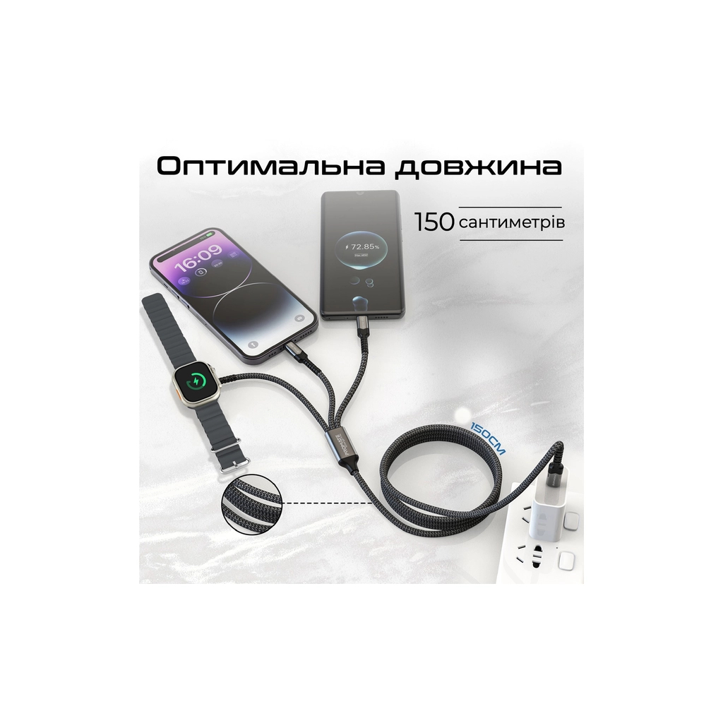 Дата кабель USB-C to Lightning 27W + USB-C 60W + Apple Watch 2.5W 1.5m icharge trio black Promate (icharge-trio.black) - фото 5 Дата кабель USB-C to Lightning 27W + USB-C 60W + Apple Watch 2.5W 1.5m icharge trio black Promate (icharge-trio.black) - фото 5