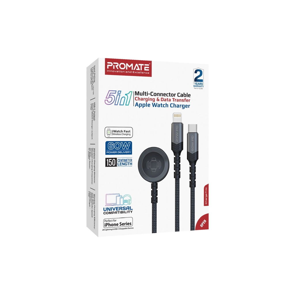 Дата кабель USB-C to Lightning 27W + USB-C 60W + Apple Watch 2.5W 1.5m icharge trio black Promate (icharge-trio.black) - фото 6 Дата кабель USB-C to Lightning 27W + USB-C 60W + Apple Watch 2.5W 1.5m icharge trio black Promate (icharge-trio.black) - фото 6