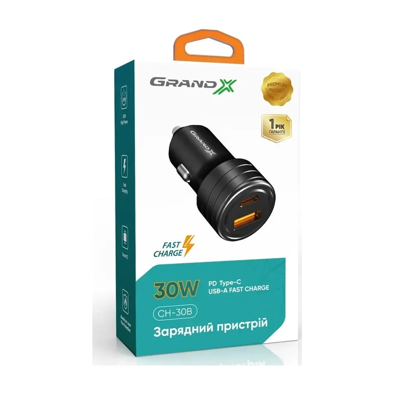 Зарядний пристрій Grand-X CH-30B 30W 1xUSB + 1xUSB-C PD + QC3.0 AFC FCP SCP VOOC Black (CH-30B) - фото 3