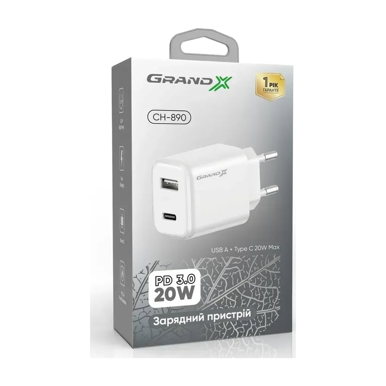 Зарядний пристрій Grand-X CH-890 Fast Charge 1xUSB-C PD20W + 1xUSB QC4.0 + AFC SCP FCP Black (CH-890) - фото 3