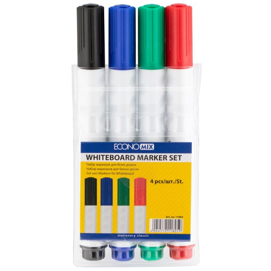 Набір маркерів Economix 4 маркери для білих дошок 2-3 мм в блістері (E11805) Набір маркерів Economix 4 маркери для білих дошок 2-3 мм в блістері (E11805)