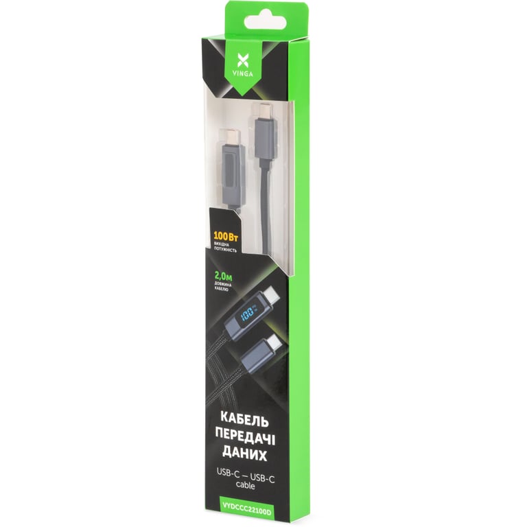 Дата кабель USB-C to USB-C 2.0m 100W LCD Display Nylon Black Vinga (VYDCCC22100D) - фото 3
