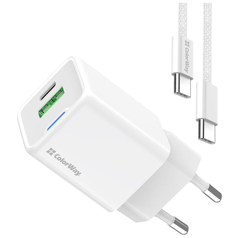 Зарядний пристрій ColorWay C101A GaN Mini 20W PD PPS USB-C + USB-A QC4.0 + cable USB-C to USB-C black (CW-CHS062PDC-WT) - фото 1