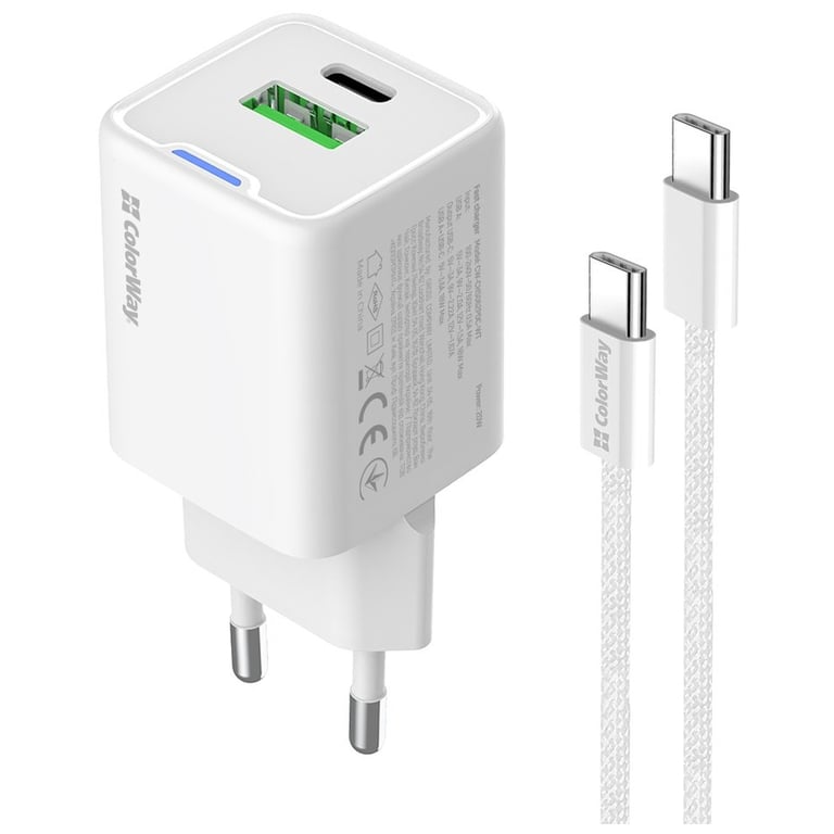 Зарядний пристрій ColorWay C101A GaN Mini 20W PD PPS USB-C + USB-A QC4.0 + cable USB-C to USB-C black (CW-CHS062PDC-WT) - фото 2