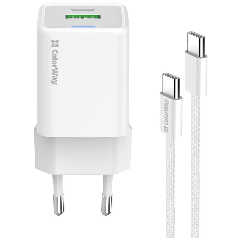 Зарядний пристрій ColorWay C101A GaN Mini 20W PD PPS USB-C + USB-A QC4.0 + cable USB-C to USB-C black (CW-CHS062PDC-WT) - фото 3