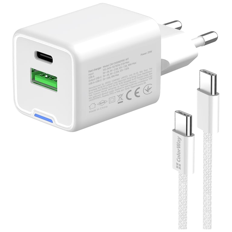 Зарядний пристрій ColorWay C101A GaN Mini 20W PD PPS USB-C + USB-A QC4.0 + cable USB-C to USB-C black (CW-CHS062PDC-WT) - фото 6