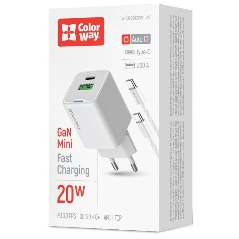 Зарядний пристрій ColorWay C101A GaN Mini 20W PD PPS USB-C + USB-A QC4.0 + cable USB-C to USB-C black (CW-CHS062PDC-WT) - фото 7