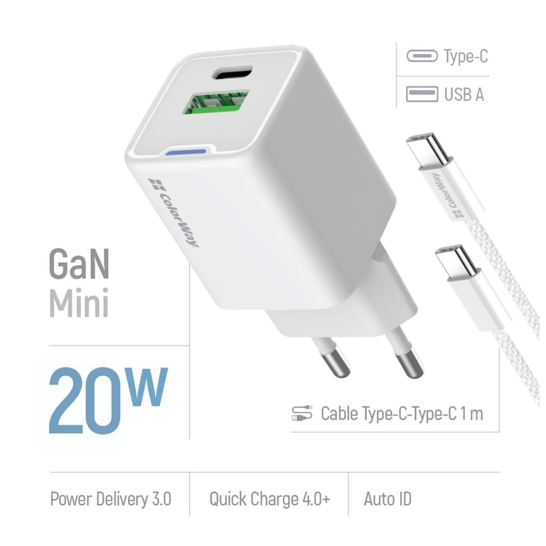 Зарядний пристрій ColorWay C101A GaN Mini 20W PD PPS USB-C + USB-A QC4.0 + cable USB-C to USB-C black (CW-CHS062PDC-WT) - фото 8