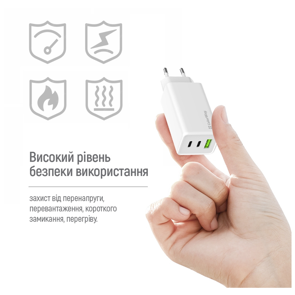 Зарядний пристрій ColorWay C101B GaN Mini 100W PD PPS 2xUSB-C + USB-A white (CW-CHS061PD-WT) - фото 4 Зарядний пристрій ColorWay C101B GaN Mini 100W PD PPS 2xUSB-C + USB-A white (CW-CHS061PD-WT) - фото 4