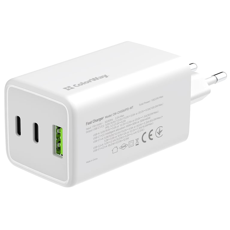 Зарядний пристрій ColorWay C101B GaN Mini 100W PD PPS 2xUSB-C + USB-A white (CW-CHS061PD-WT) - фото 2