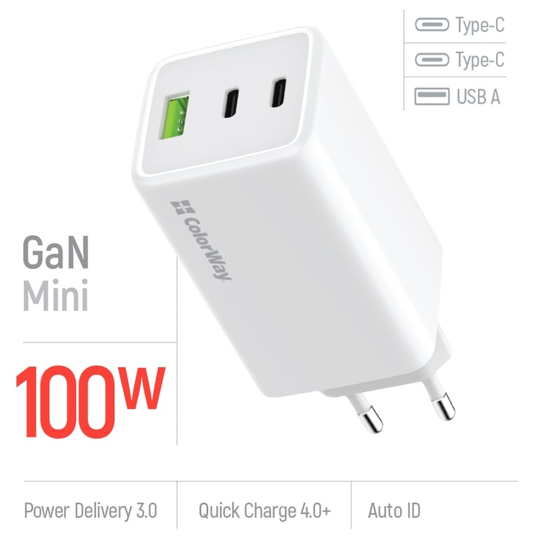 Зарядний пристрій ColorWay C101B GaN Mini 100W PD PPS 2xUSB-C + USB-A white (CW-CHS061PD-WT) - фото 8