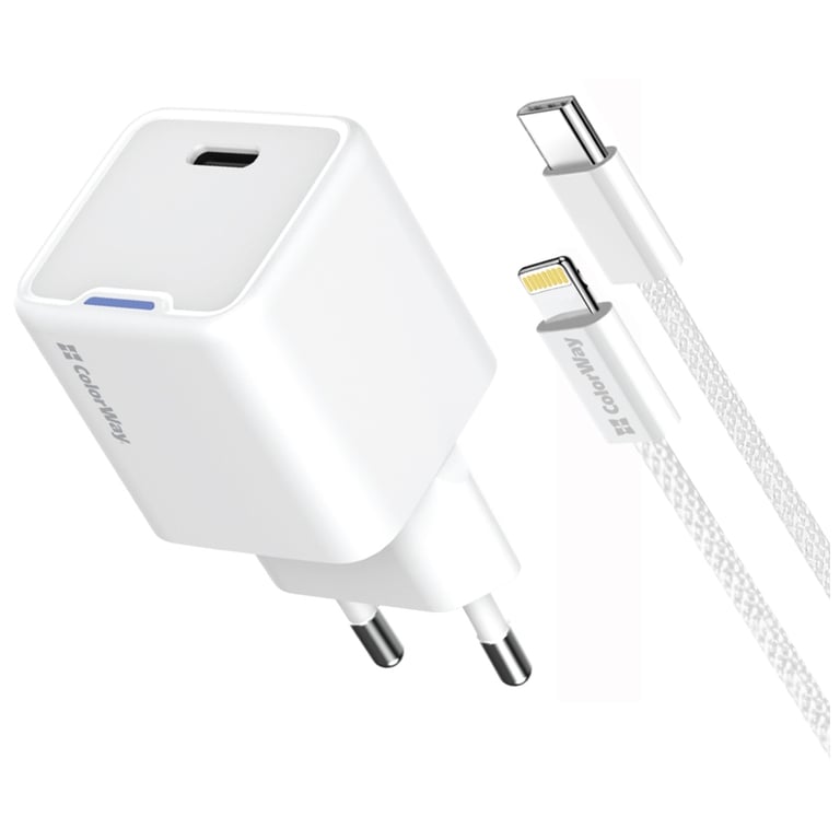 Зарядний пристрій ColorWay C101D GaN Mini 20W PD PPS USB-C + cable USB-C to Lightning white (CW-CHS059PDL-WT) - фото 1