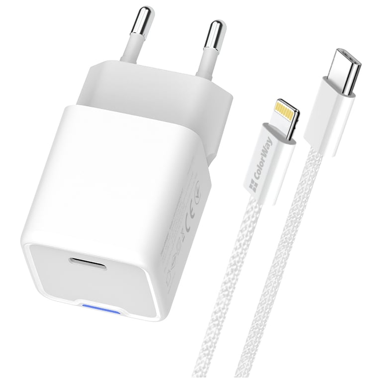 Зарядний пристрій ColorWay C101D GaN Mini 20W PD PPS USB-C + cable USB-C to Lightning white (CW-CHS059PDL-WT) - фото 2
