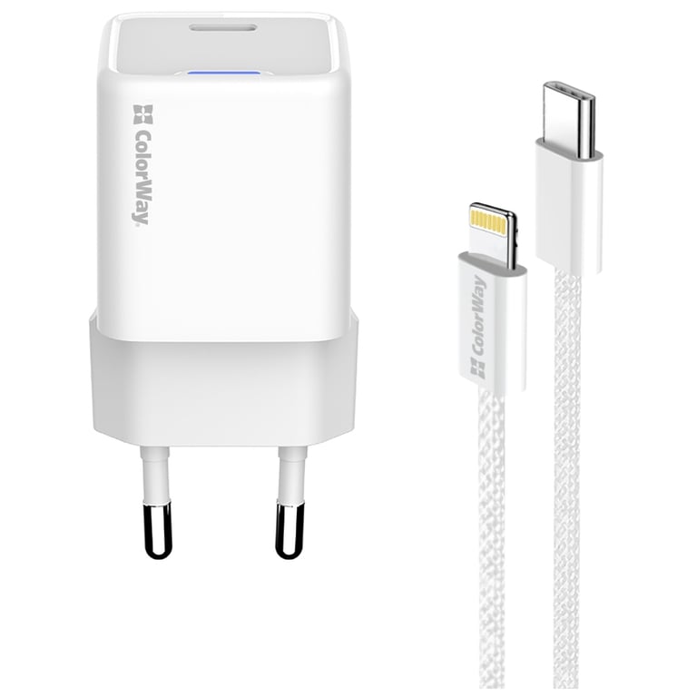 Зарядний пристрій ColorWay C101D GaN Mini 20W PD PPS USB-C + cable USB-C to Lightning white (CW-CHS059PDL-WT) - фото 3