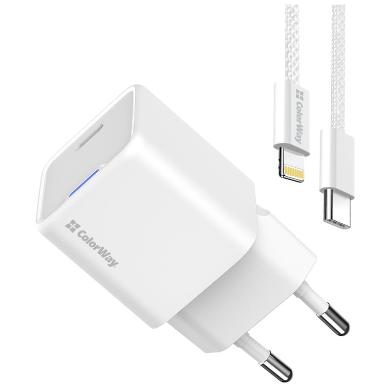 Зарядний пристрій ColorWay C101D GaN Mini 20W PD PPS USB-C + cable USB-C to Lightning white (CW-CHS059PDL-WT) - фото 5