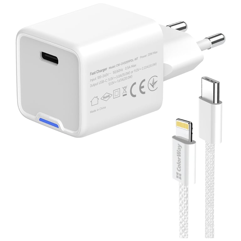 Зарядний пристрій ColorWay C101D GaN Mini 20W PD PPS USB-C + cable USB-C to Lightning white (CW-CHS059PDL-WT) - фото 6