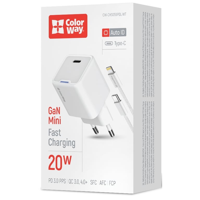 Зарядний пристрій ColorWay C101D GaN Mini 20W PD PPS USB-C + cable USB-C to Lightning white (CW-CHS059PDL-WT) - фото 7