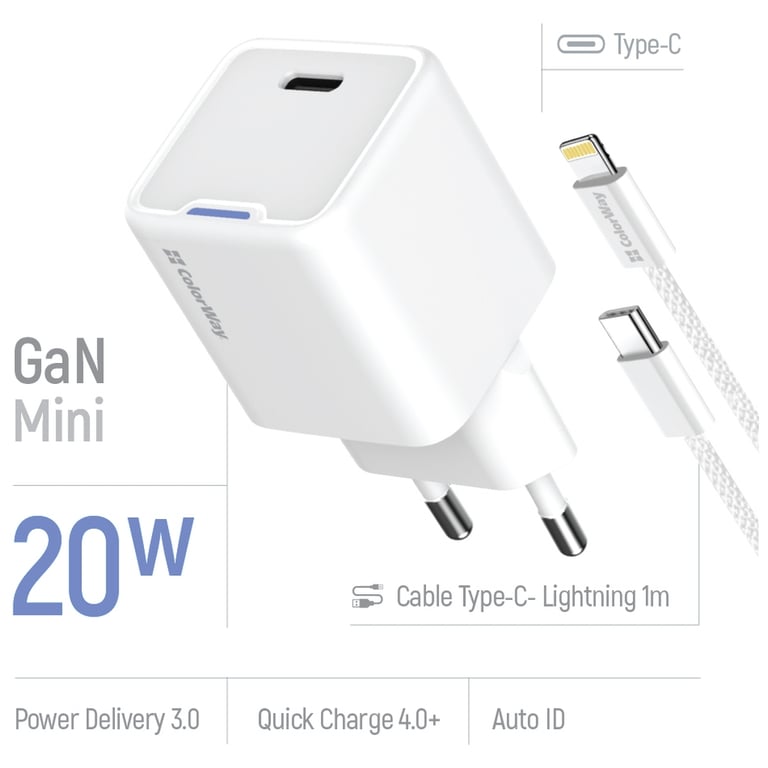 Зарядний пристрій ColorWay C101D GaN Mini 20W PD PPS USB-C + cable USB-C to Lightning white (CW-CHS059PDL-WT) - фото 8
