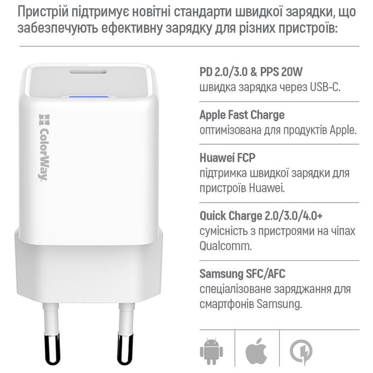 Зарядний пристрій ColorWay C101D GaN Mini 20W PD PPS USB-C + cable USB-C to Lightning white (CW-CHS059PDL-WT) - фото 10