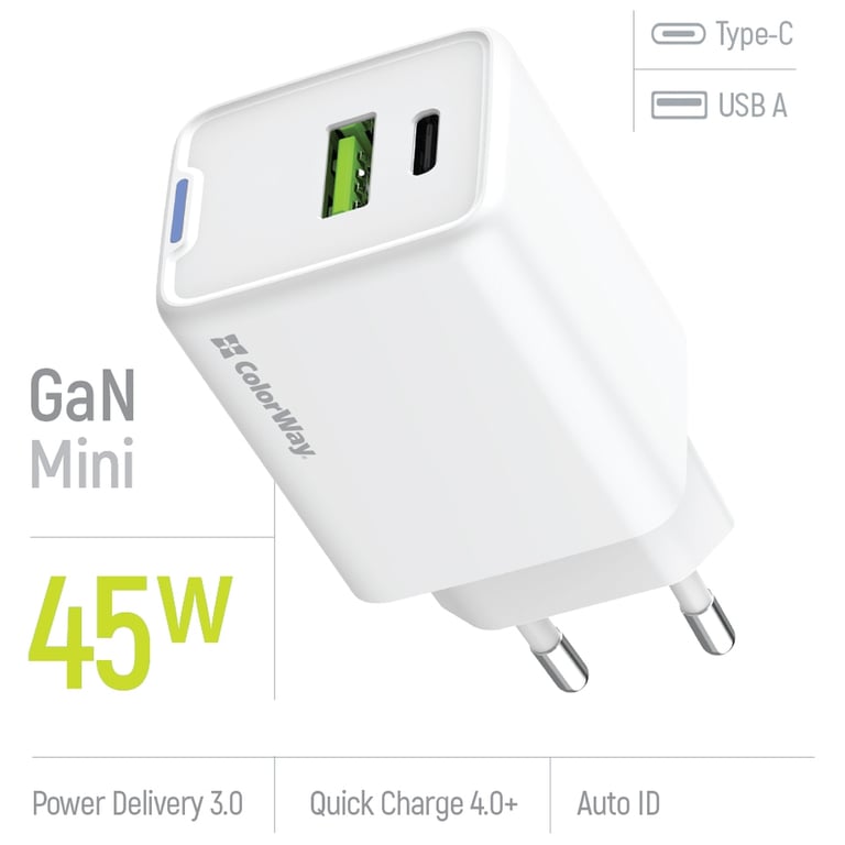 Зарядний пристрій ColorWay C101E GaN Mini 45W PD PPS USB-C + USB-A QC4.0 white (CW-CHS060PD-WT) - фото 8