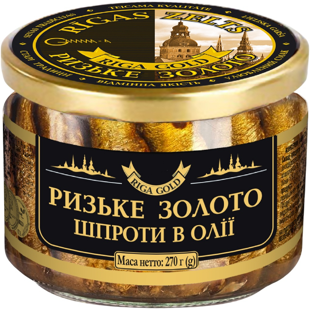 Рибні консерви Ризьке золото Шпроти в олії 270 г с/б (4820062447034) - фото 1