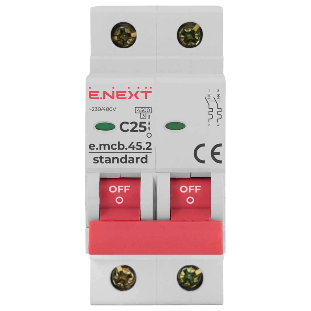 Автоматичний вимикач E.NEXT 2-п e.mcb.stand. 25А C ( 4,5кА) (s002019) - фото 2 Автоматичний вимикач E.NEXT 2-п e.mcb.stand. 25А C ( 4,5кА) (s002019) - фото 2