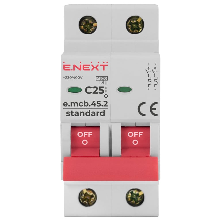 Автоматичний вимикач E.NEXT 2-п e.mcb.stand. 25А C ( 4,5кА) (s002019) - фото 2