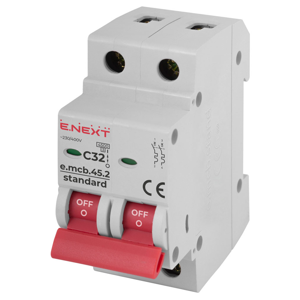Автоматичний вимикач E.NEXT 2-п e.mcb.stand. 32А C ( 4,5кА) (s002020) Автоматичний вимикач E.NEXT 2-п e.mcb.stand. 32А C ( 4,5кА) (s002020)