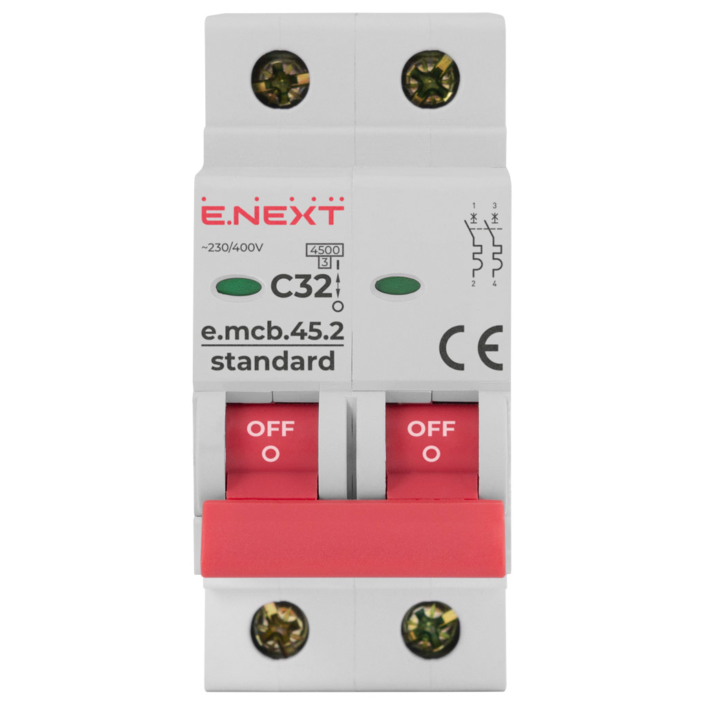 Автоматичний вимикач E.NEXT 2-п e.mcb.stand. 32А C ( 4,5кА) (s002020) - фото 2 Автоматичний вимикач E.NEXT 2-п e.mcb.stand. 32А C ( 4,5кА) (s002020) - фото 2