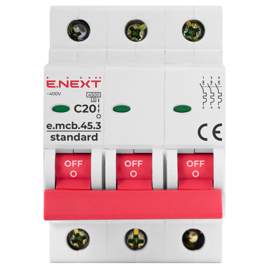 Автоматичний вимикач E.NEXT 3-п e.mcb.stand. 20А C ( 4,5кА) (s002032) - фото 2 Автоматичний вимикач E.NEXT 3-п e.mcb.stand. 20А C ( 4,5кА) (s002032) - фото 2