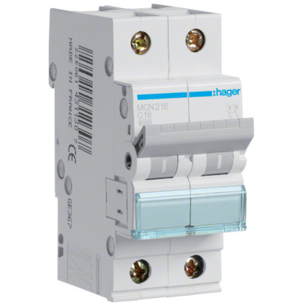 Автоматичний вимикач Hager 2-п. C 16A (6kA) 2M (A) (MCN216)