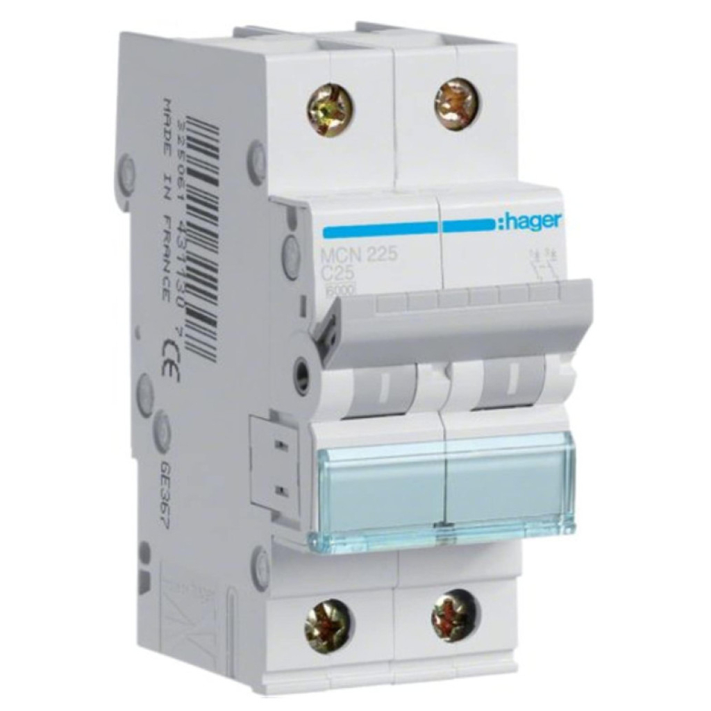 Автоматичний вимикач Hager 2-п. C 25A (6kA) 2M (A) (MCN225) Автоматичний вимикач Hager 2-п. C 25A (6kA) 2M (A) (MCN225)