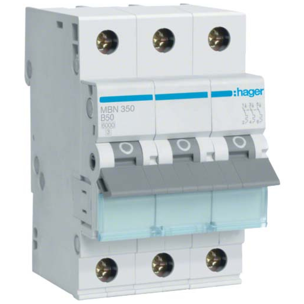Автоматичний вимикач Hager 3-п. B 50A (6kA) 3M (B) (MBN350) Автоматичний вимикач Hager 3-п. B 50A (6kA) 3M (B) (MBN350)