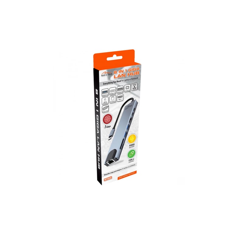 Концентратор Media-Tech USB-C 8-in-1 HDMI 4K/2xUSB-A/2xUSB-C/RJ45/SD/TF/PD 100W USB3.1 (MT5046) - фото 3