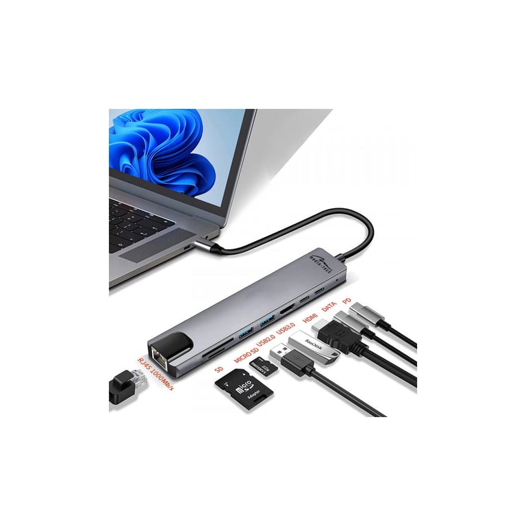 Концентратор Media-Tech USB-C 8-in-1 HDMI 4K/2xUSB-A/2xUSB-C/RJ45/SD/TF/PD 100W USB3.1 (MT5046) - фото 5