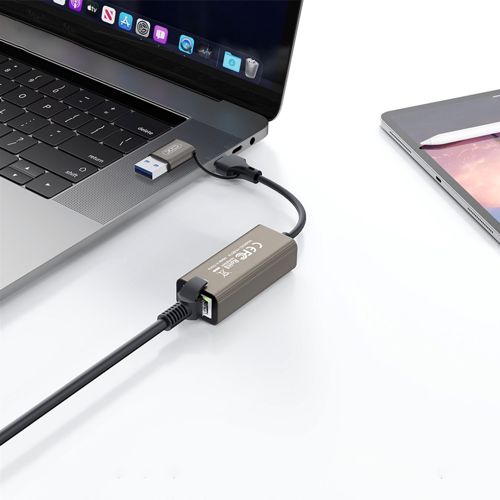 Адаптер USB-C + USB A to RJ45 Ethernet 100Mbps XO (HUB018.black) - фото 5 Адаптер USB-C + USB A to RJ45 Ethernet 100Mbps XO (HUB018.black) - фото 5