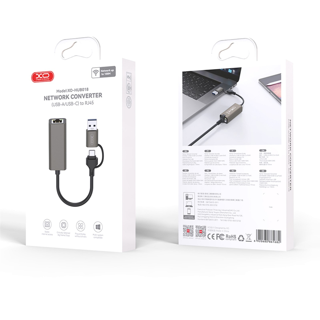 Адаптер USB-C + USB A to RJ45 Ethernet 100Mbps XO (HUB018.black) - фото 6 Адаптер USB-C + USB A to RJ45 Ethernet 100Mbps XO (HUB018.black) - фото 6