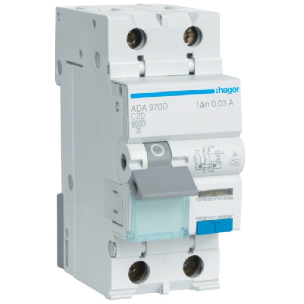 Диференціальний автоматичний вимикач Hager 1-п.+N 20A C 30mA (6kA) A (A) (ADA970D) Диференціальний автоматичний вимикач Hager 1-п.+N 20A C 30mA (6kA) A (A) (ADA970D)