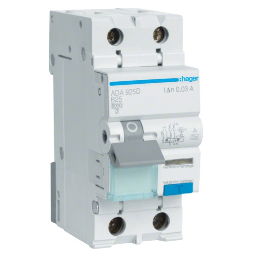 Диференціальний автоматичний вимикач Hager 1-п.+N 25A B 30mA (6kA) A (B) (ADA925D) - фото 1 Диференціальний автоматичний вимикач Hager 1-п.+N 25A B 30mA (6kA) A (B) (ADA925D) - фото 1