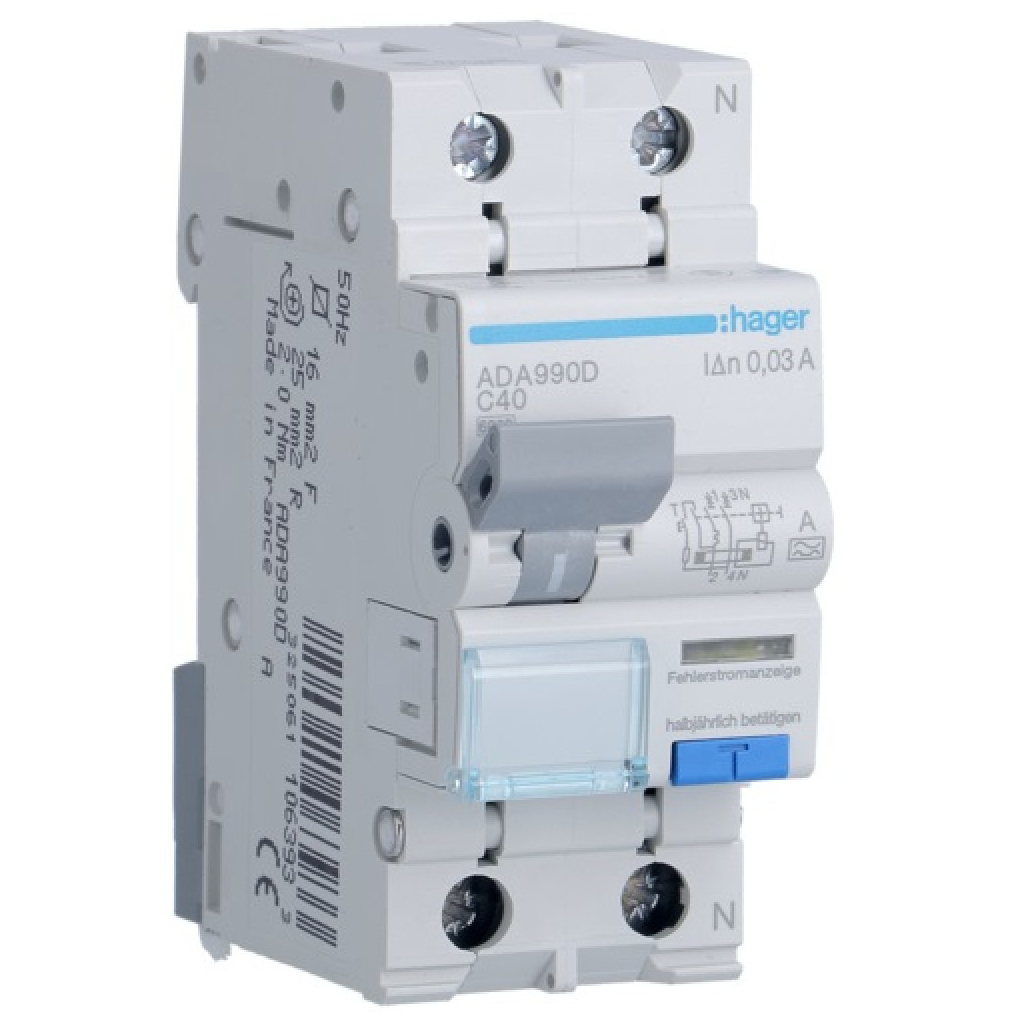 Диференціальний автоматичний вимикач Hager 1-п.+N 40A C 30mA (6kA) A (A) (ADA990D)