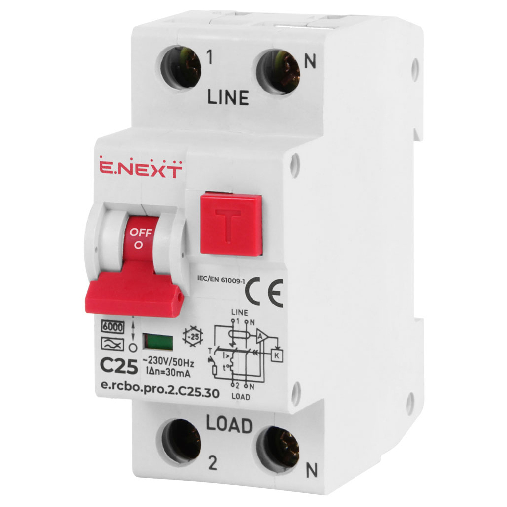 Диференціальний автоматичний вимикач E.NEXT 1-п.+N e.rcbo.pro. C 25А 30мА (p0720010) - фото 1 Диференціальний автоматичний вимикач E.NEXT 1-п.+N e.rcbo.pro. C 25А 30мА (p0720010) - фото 1