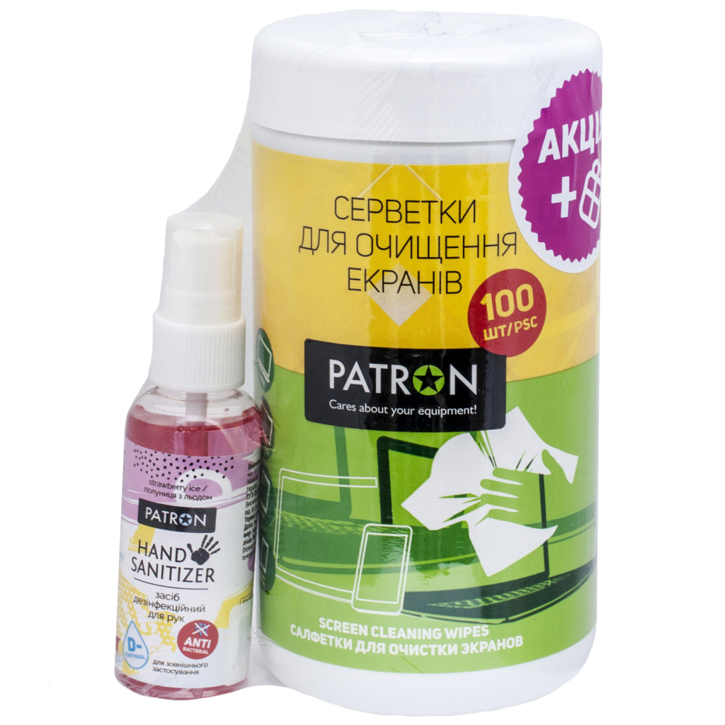 Універсальний чистячий набір Patron Screen wipes 100pcs F3-027 + Hand sanitizer 50ml (CS-PN-F3-050-2) - фото 1 Універсальний чистячий набір Patron Screen wipes 100pcs F3-027 + Hand sanitizer 50ml (CS-PN-F3-050-2) - фото 1