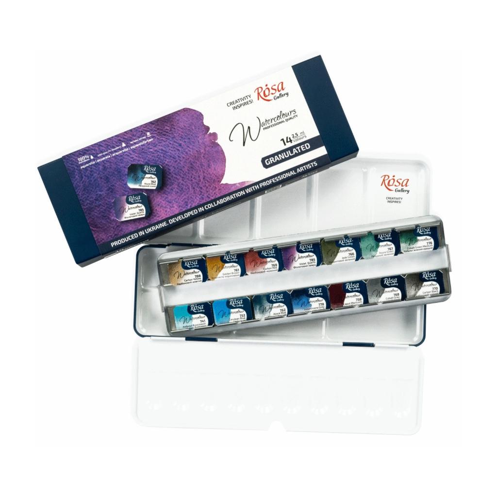 Акварельні фарби Rosa Gallery GRANULATION 14 кольорів по 2,5 мл в металевому пеналі (4823098544128) Акварельні фарби Rosa Gallery GRANULATION 14 кольорів по 2,5 мл в металевому пеналі (4823098544128)